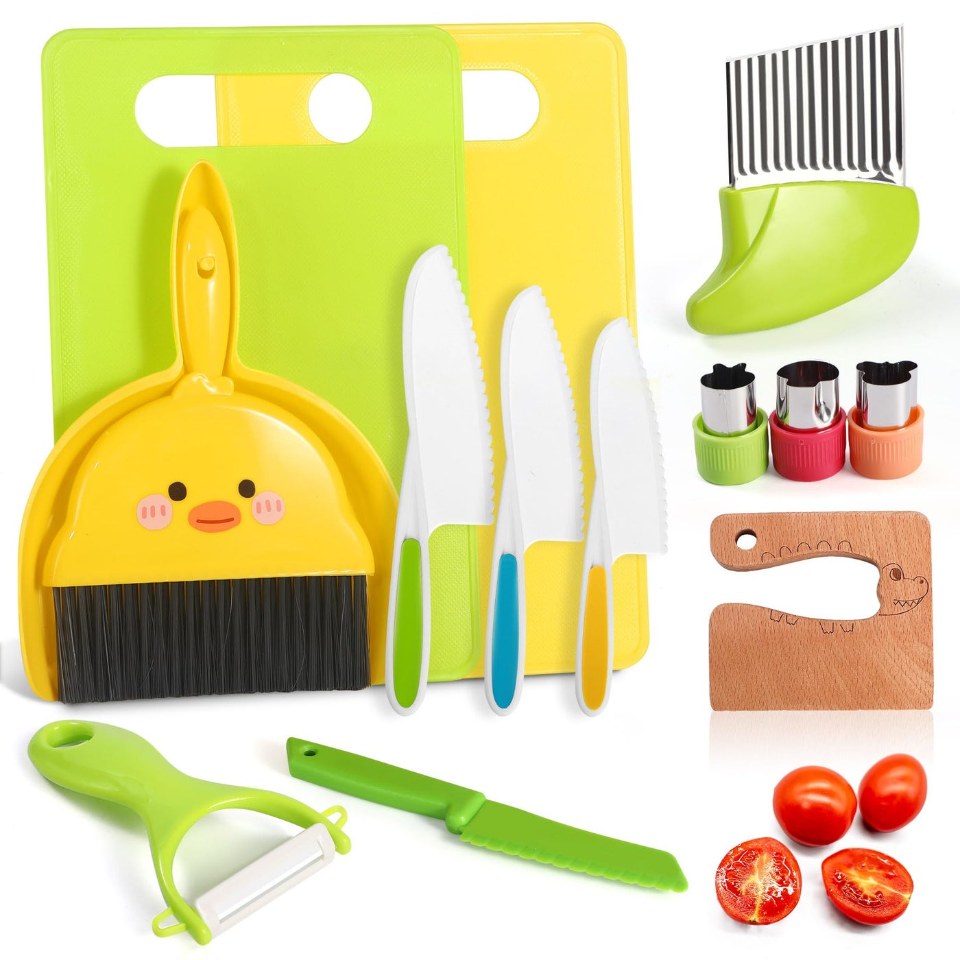 14 Piece Montessori Kids Knife Set for Real Cooking - Safe Plastic & Wooden Kitchen Tool Gift for Toddler Age 2-9 | Learning Toy with Crinkle / Sandwich Cutter & Cutting Board, Bir