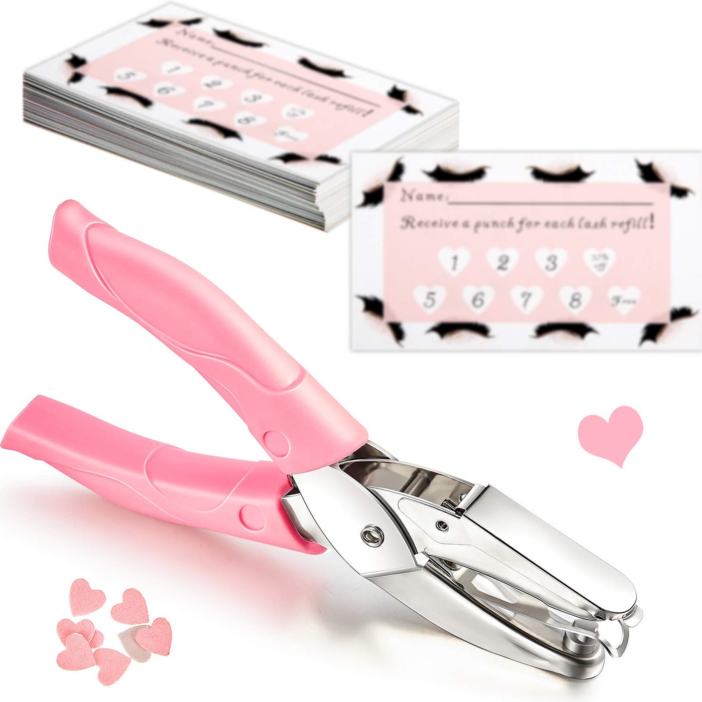 150 Pieces Heart Shaped Lash Extension Refill Filler Loyalty Punch Cards with Metal Single Handheld Hole Paper Punch Puncher for Eyelash Extensions Business Beauty Salons DIY Craft