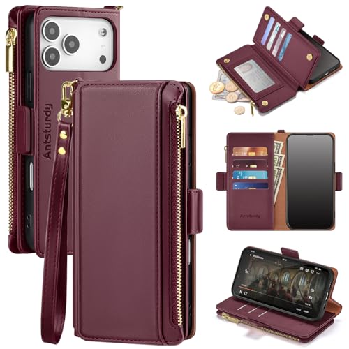 Antsturdy Compatible with iPhone 17 Pro Max Wallet Case WomenRFID Blocking PU Leather Phone Case Men Kickstand Flip Cover Wrist Strap Zipper Credit Card Holder Slots for Apple 17 P