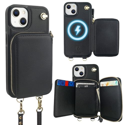 Bocasal for MagSafe Crossbody Wallet Case Compatible with iPhone 14 iPhone 13 RFID Blocking Protective Purse Case with Card Slots Holder Kickstand Wrist Strap Lanyard Zipper 61 Inc