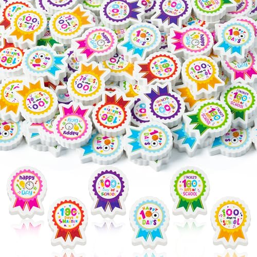 CJiangpo 60Pcs 100th Day of School Mini Erasers for Kids Bulk Cute Cartoon Medal Pencil Rubber Eraser Novelty 3D Desk Puzzle 100th Day Party Favors Filler School Classroom Prizes G