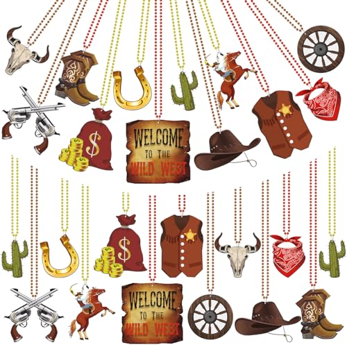 Ecation 48 Pcs Western Bead Necklaces Bulk First Rodeo Beaded Necklaces Wild West Party Favors for Adults Western Birthday Activities Supplies 12 Style