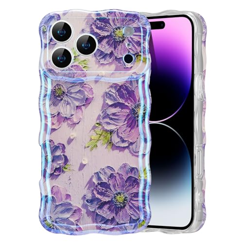 EYZUTAK Case for iPhone 17 Pro Max Colorful Retro Oil Painting Printed Flower Laser Glossy Pattern Cute Curly Wave Edge Exquisite Phone Cover Stylish Durable TPU Protective Case fo