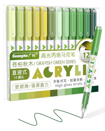 Guangna Green Acrylic Gel Pens 12 Color Colored Pens for Journaling Coloring Books Calligraphy Note Taking DIY Crafts RollerBall Pen Tip