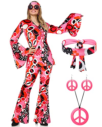 Haysandy 70s Outfit Women Disco Hippie Costume Accessories Pink Peace Disco Bottom Boho Pants for Carnival Halloween Cosplay(XL)