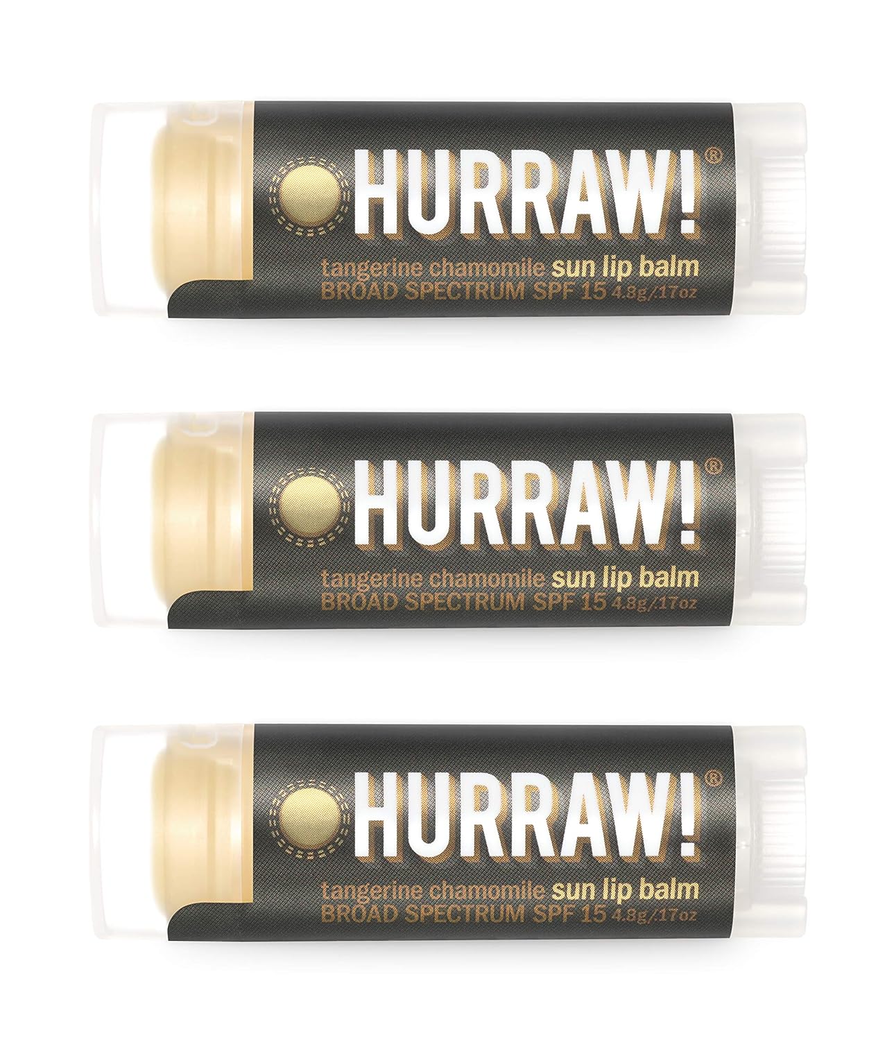Hurraw! Sun Lip Balm (Zinc Oxide Protection, Broad Spectrum SPF 15, Tangerine, Chamomile), 3 Pack: Organic, Certified Vegan, Gluten Free. Non-GMO, All-Natural. Bee, Shea, Soy & Pal