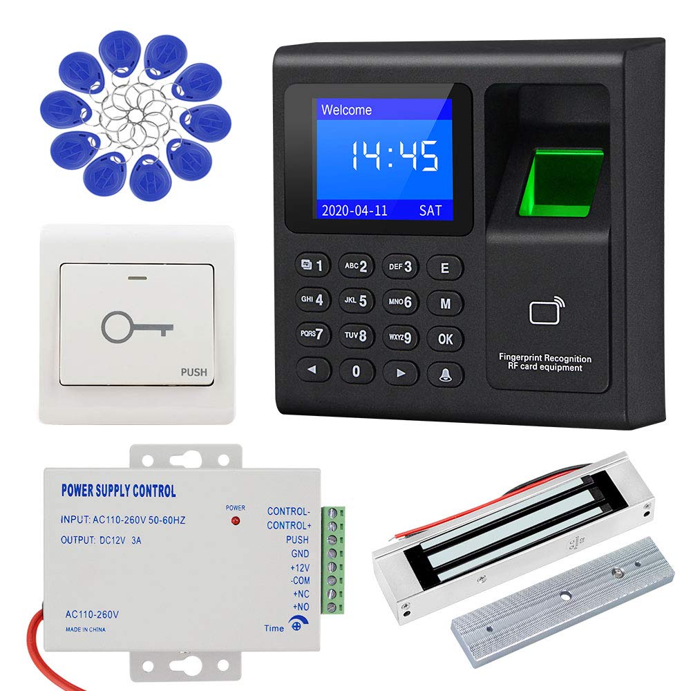 LIBO Complete RFID Access Control System Fingerprint Access Controller Keypad DC12V Power Supply Transformer 180kg350lbs Electric Magnetic Lock with Door Switch Button 125KHz ID Ca