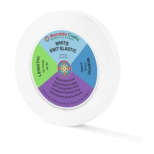Mandala Crafts Wide 1 Inch White Elastic Bands Spool for Pants Waistbands Sewing and DIY Crafts, 50 YD Stretchy Flat Fabric Strap Knit Elastic Band for Wig