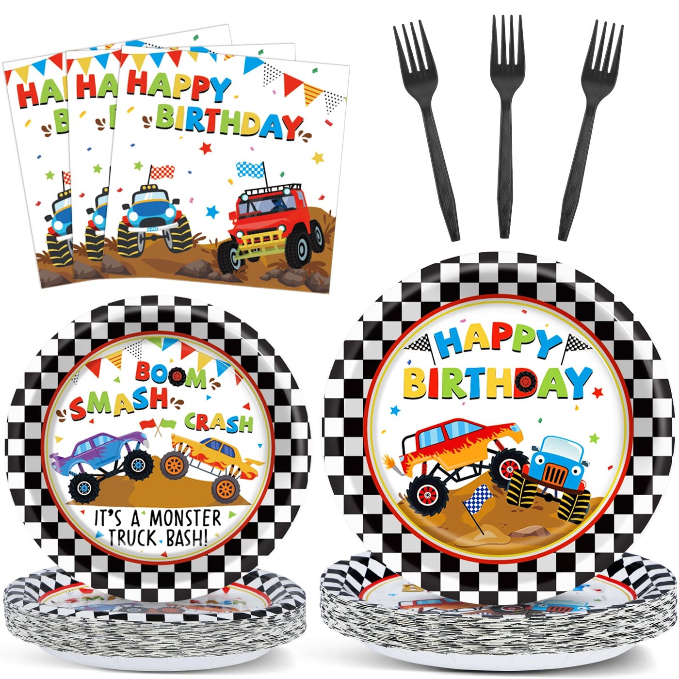 Monster Truck Party Tableware Set Monster Truck Plates and Napkins Car Birthday Party Supplies Decorations for Kids Boys Black and White Checked Theme Birthday Supplies Serves 24