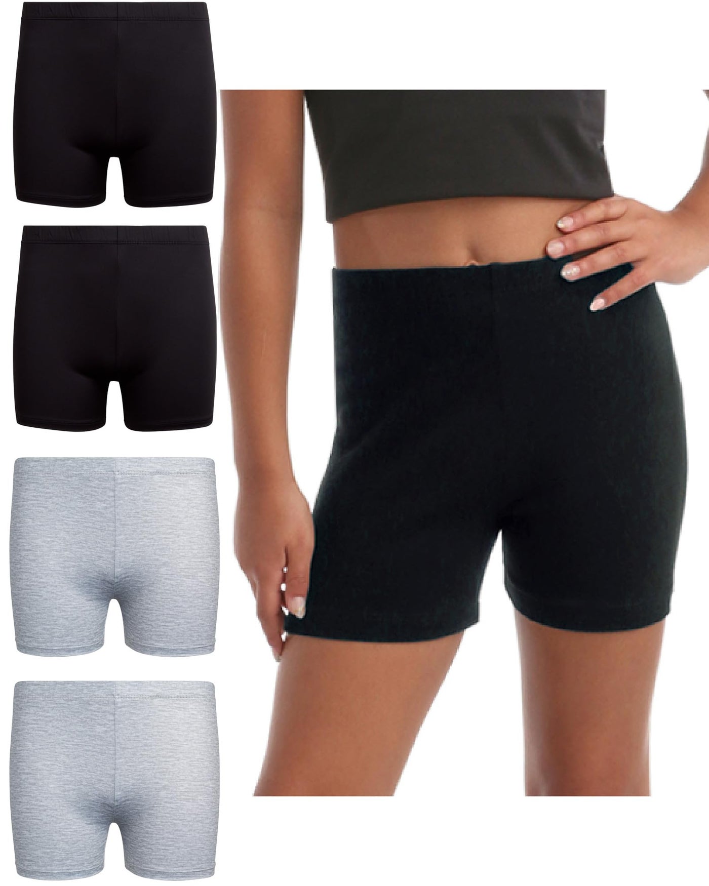 Rene Rofe Girls Athletic Shorts - 4 Pack Soft Stretch Breathable Girls Bike Shorts Four-Way Stretch Cheer Dance Sports Short, Size 10-12, Black/Black/Grey/Grey