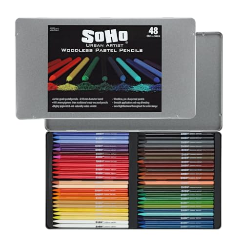 Soho Urban Artist Woodless Pastel Pencils Set of 48 Professional ArtistGrade 40 More Pastel WaterSoluble PreSharpened Easy Blending 693mm Barrel Clear Lacquered