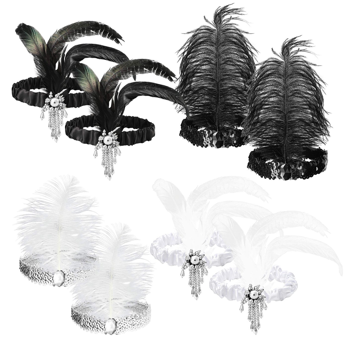 WATINC 8pcs 1920s Flapper Headband,Black and White Sequin Headband with Feather Jewel Detail, Great Gatsby 1920s Hair Accessory, Roaring 20s Gatsby Costume, Vintage Headpiece for G