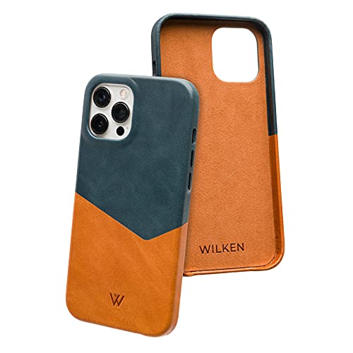 Wilken Leather Slim Phone Case Compatible with iPhone 14 Pro Max Compatible with MagSafe Wireless Charging Premium TopGrain Leather Cover with Metal Buttons 14 Pro Max TanBlue