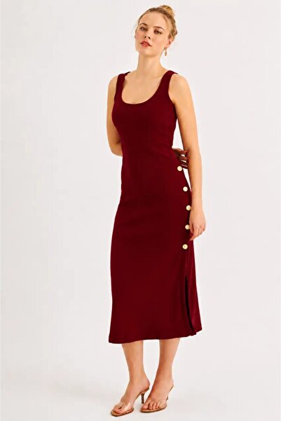 Women's Burgundy Button Detailed Camisole Midi Dress