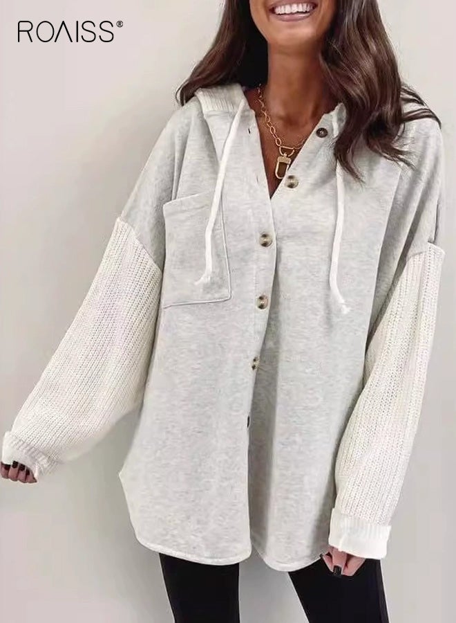 سويت شيرت بقلنسوة بأكمام طويلة وجيوب أمامية بأزرار مقاس كبير للنساء، تصميم مريح وأنيق مع جيب عملي