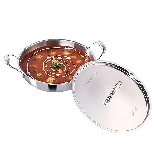Wonderchef Nigella Tri-ply Stainless-Steel Kadhai with Lid 28cm for Kitchen, 1.5L, Non-Toxic, Chemical & PFOA Free, Gas Stove & Induction Friendly, Heavy Bottom, Cool-Touch Handle,